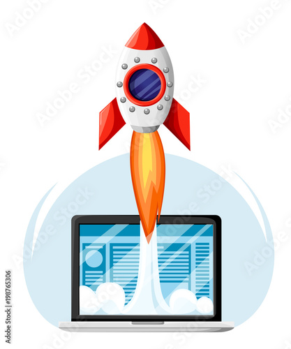 Successful startup business concept. Laptop with Rocket Start. Business Project development, website promotion. Vector illustration in flat style. Website page and mobile app design