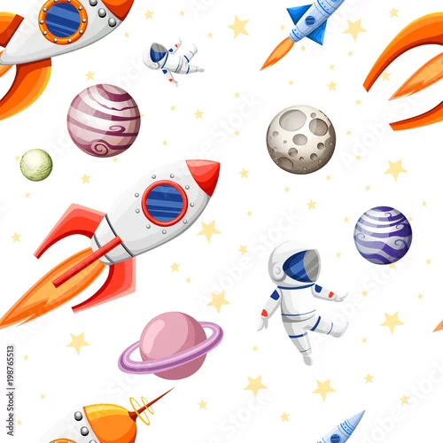Tapety Jednolity wzór elementów kosmicznych. Dzieci Szwu z kreskówek rakiet kosmicznych, planet, gwiazd i kosmonauta. Wektorowa ilustracja na białym tle. Strona internetowa i projekt aplikacji mobilnej