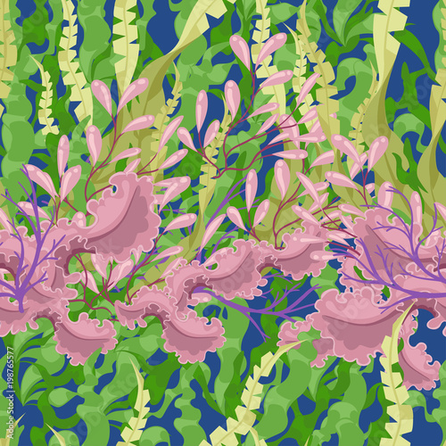 Seamless pattern with marine plants, leaves and seaweed. Colorful seaweed in water. Vector illustration on blue background. Web site page and mobile app design