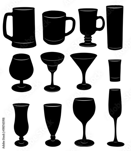 Vector silhouettes of glasses, cups and glasses.