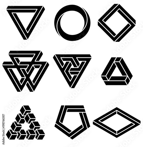 Set of impossible shapes. Optical Illusion. Vector Illustration isolated on white. Sacred geometry. White lines on a black background.