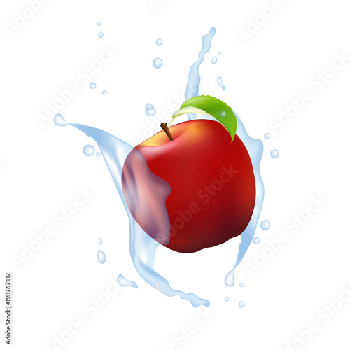 Red Apple Fruit Milk Water Juice Yogurt Splash Illustration Isolated On White. Realistic Packaging Design Template Element.