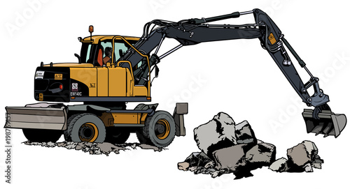 Excavator Machine in Work - Colored Illustration, Vector