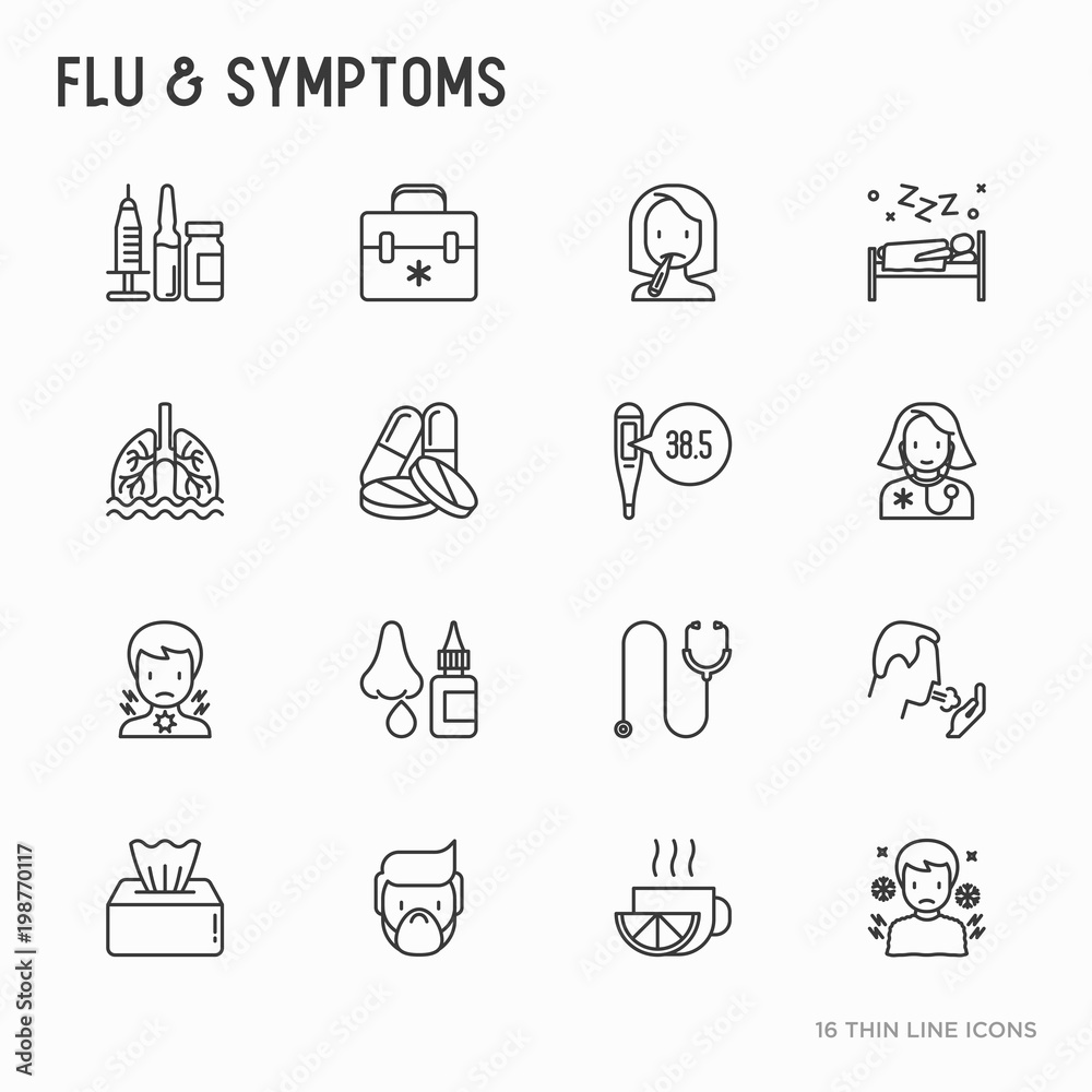 Flu and symptoms thin line icons set: temperature, chills, heat, runny nose, doctor with stethoscope, nasal drops, cough, phlegm in the lungs. Modern vector illustration. Flu and symptoms thin line icons set: temperature, chills, heat, runny nose, doctor with stethoscope, nasal drops, cough, phlegm in the lungs. Modern vector illustration.