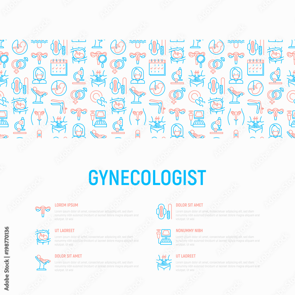 Gynecologist concept with thin line icons: uterus, ovaries, gynecological chair, pregnancy, ultrasound, sanitary napkin, test, embryo, menstruation, ovulation, vaginal expander. Vector illustration. Gynecologist concept with thin line icons: uterus, ovaries, gynecological chair, pregnancy, ultrasound, sanitary napkin, test, embryo, menstruation, ovulation, vaginal expander. Vector illustration.