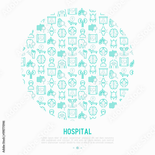 Hospital concept in circle with thin line icons for doctor's notation: neurologist, gastroenterologist, manual therapy, ophtalmologist, cardiology, allergist, dermatologist. Vector illustration.