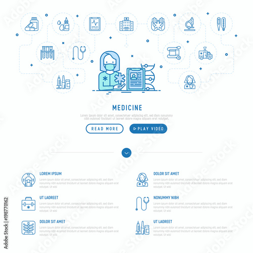 Medicine concept: doctor with stethoscope at work. Thin line icons around: ambulance, microscope, thermometer, hospital, z-ray image, MRI scanner, tonometer. Vector illustration, web page template.