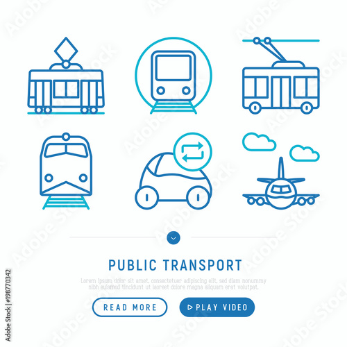 Public transport thin line icons set: train, ferry, trolleybus, tram, car sharing, airplane. Modern vector illustration, web page template.