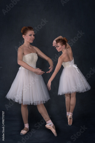 the ballerina in pointes and a white dress dances on a dark background. Two images of one ballerina