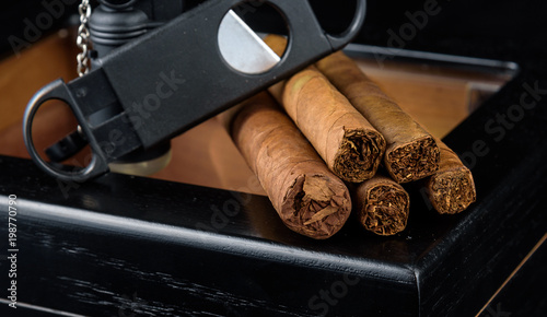 Photos Cigars on a humidor against a black background