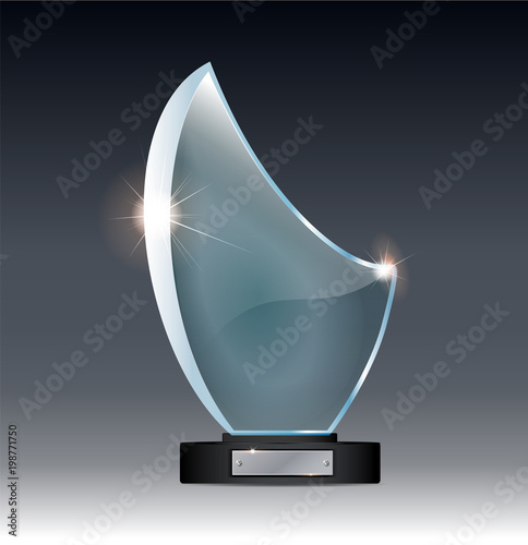 Blank tall glass trophy mockup. Empty acrylic award design mock up. Transparent crystal prize plate template.