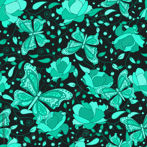 Seamless texture. Multicolor pattern of butterflies  flowers and leaves.