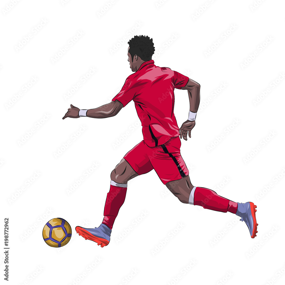 Running football player in red jersey with ball, isolated vector illustration. Soccer, team sport