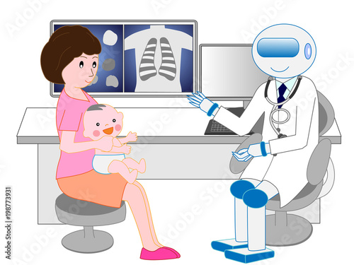 人工知能のロボット医師から診察を受ける赤ちゃん