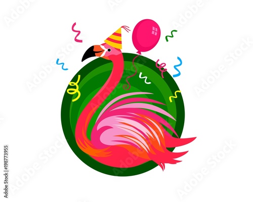 flamingo, vector, Hawaii, party, celebrate, balloon, illustration, bird, pink, confetti, tropical, exotic, island, delicate, elegant, cartoon, party hat