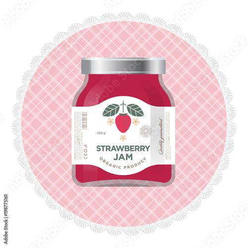 Strawberry jam label and packaging. Premium design. The flat original illustration and texts on the minimalist label on the jar.