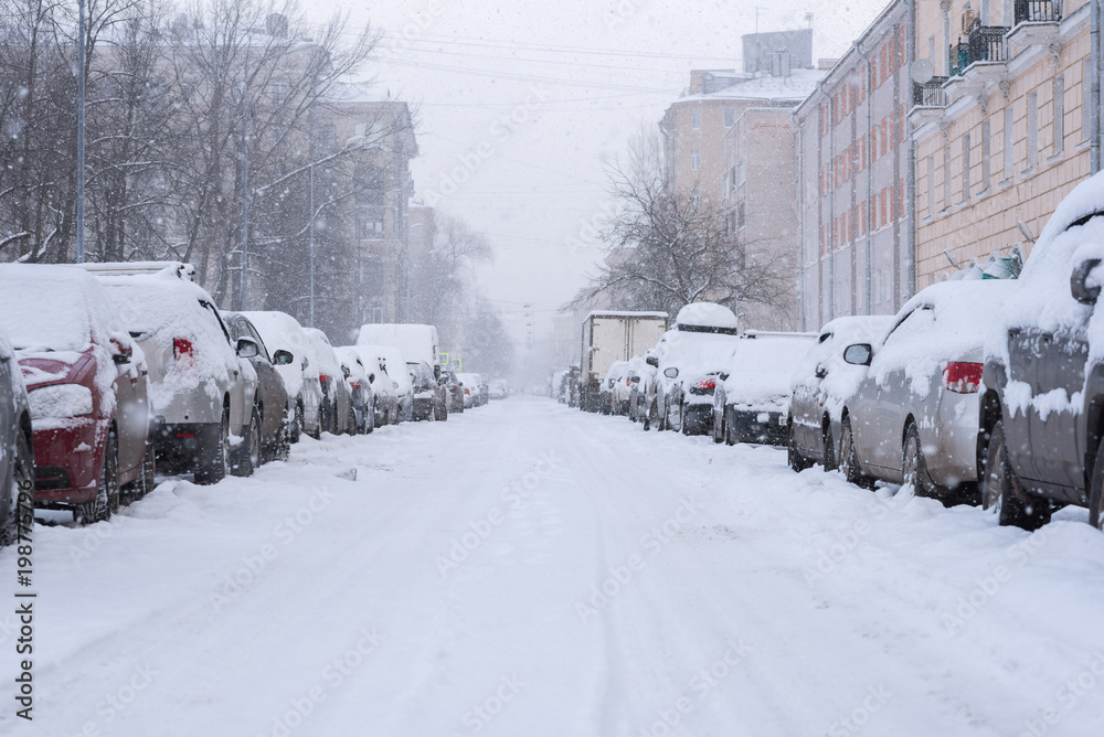 Fototapeta premium Snowfall in the empty street. Rows of parked cars covered with snow. Buildings and park can be seen through spots of falling snowflakes. White winter in a city