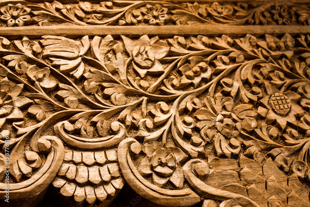 Kashmiri Walnut Bed Board Detail with Floral Design. Hand-carved by a Master Craftsman in a small village of Kashmir. This is a disappearing craft in the state.