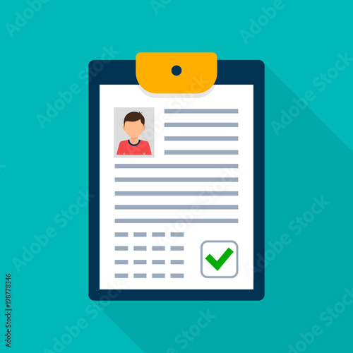 Clipboard with man silhouette illustration. Approved Checklist Job application form with profile photo concept. Modern flat design. Vector