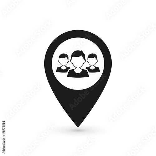 Meeting point location icon. Gps mark silhouette symbol. Group of people inside pinpoint. Vector isolated illustration