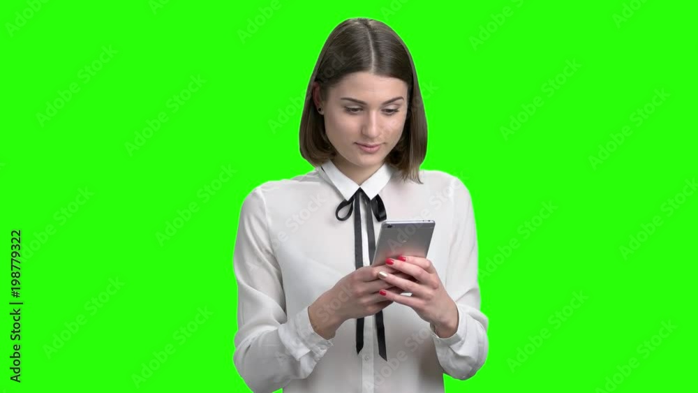 Typing on smartphone. Use messenger, chatting online. Green screen hromakey background for keying. Typing on smartphone. Use messenger, chatting online. Green screen hromakey background for keying.