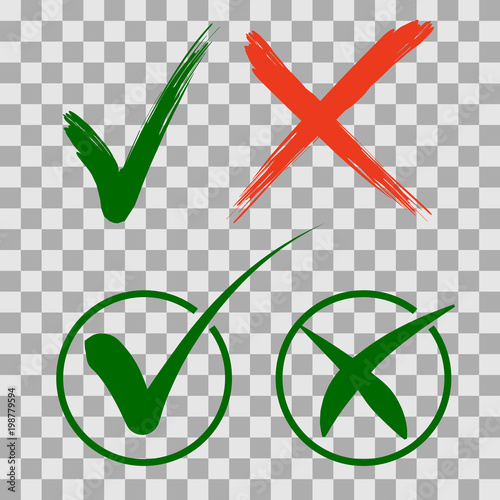 Set check mark icons. Green tick and red cross checkmarks in two variants. 