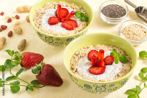 Chia pudding with coconut milk, strawberries and peanuts