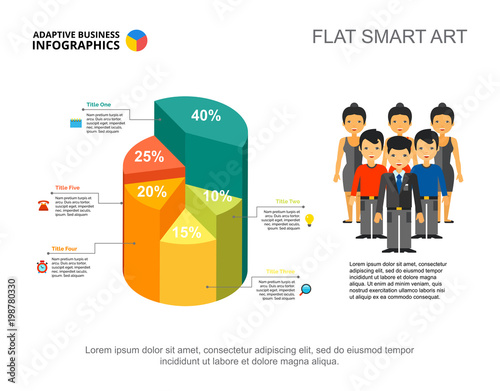 Five sectors 3D pie chart. Percentage infographic design, editable template. Creative concept for presentation, project, report. Can be used for topics like business, teamwork, management