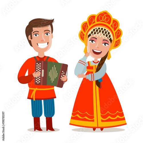 Happy russian people in traditional national costumes. Russia, Moscow concept. Cartoon vector illustration