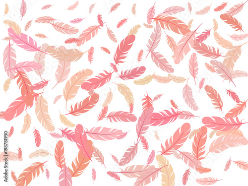 Feather graphic pattern vector red print. Light minimalist background with plumelet. Editable backdrop with flying feather elements. Cute vector illustration design.