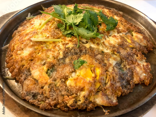 Crispy Oyster omelette on hot pan
