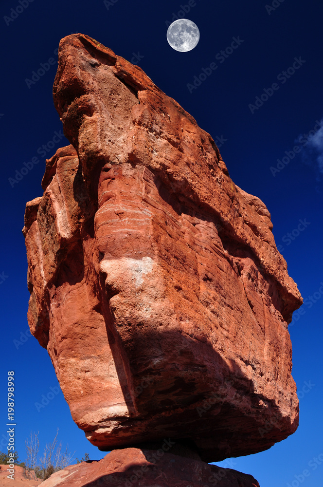 Balanced Rock with Moon at the Garden of the Gods