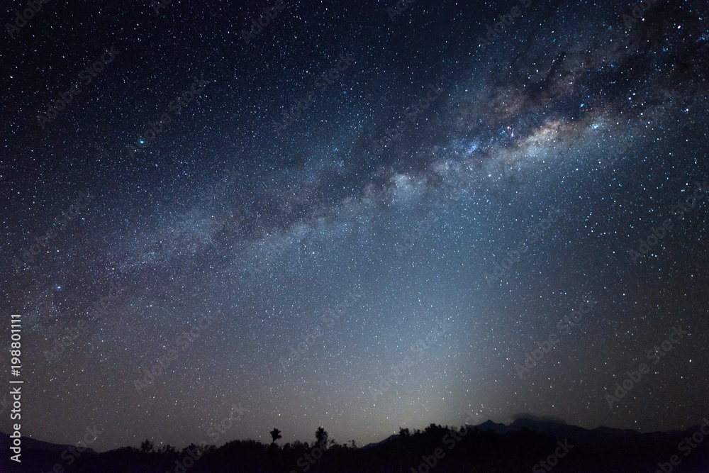 Nightscape scenery with starry and milky way. Mount Kinabalu as background.