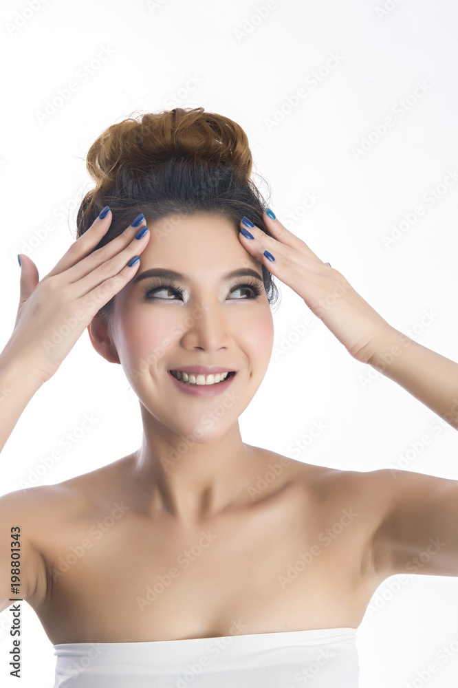 Happy beautiful asian girl with the fresh skin in white background. Expressive facial expressions. Cosmetology and Spa concept. Happy beautiful asian girl with the fresh skin in white background. Expressive facial expressions. Cosmetology and Spa concept.