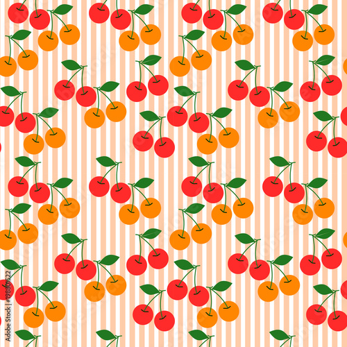 Cherry seamless pattern. Vivid color fruit on strip background.