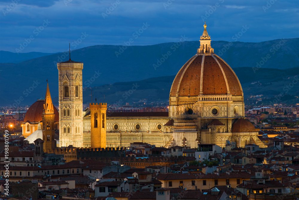 Cathedral of Santa Maria del Fiore close up in September twilight. Florence, Italy
