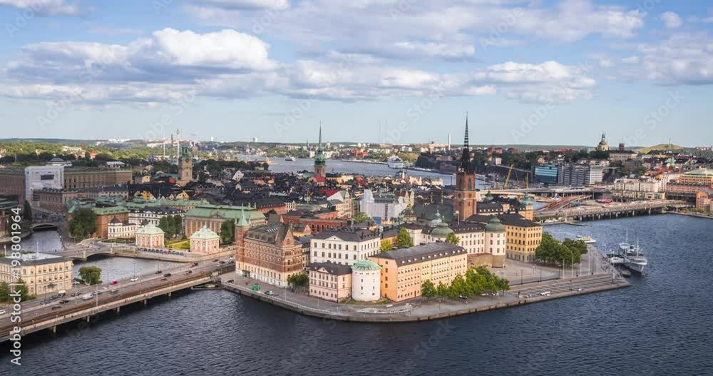 Aerial zoom in view on Riddarholmen (Knights island) in Stockholm, Sweden
