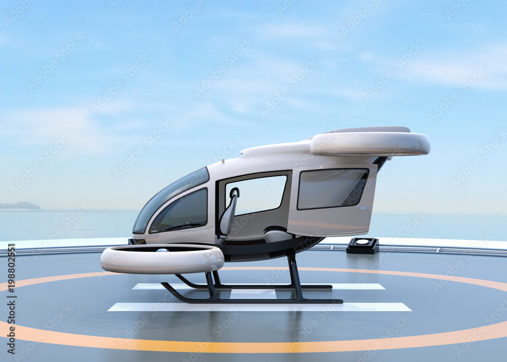 Side view of white self-driving passenger drone parking on the helipad. 3D  rendering image. Illustration Stock | Adobe Stock