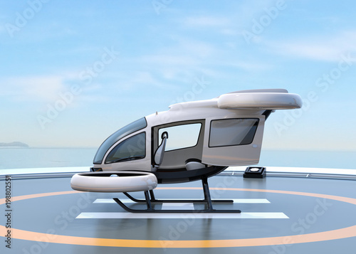 Side view of white self-driving passenger drone parking on the helipad. 3D rendering image.