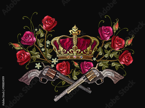 Fototapeta Classical embroidery revolvers, golden crown and spring roses. Symbol of romanticism and crime. Embroidery crown, crossed guns and roses. Template for clothes, textiles, t-shirt design