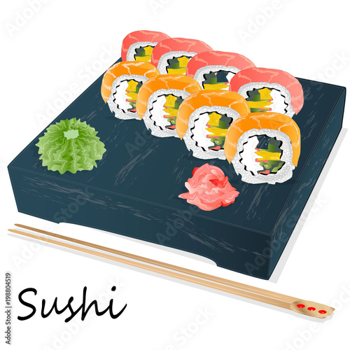 Illustration of roll sushi with salmon, prawn, avocado, cream cheese. Sushi menu. Japanese food isolated.