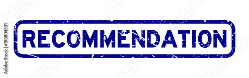 Grunge blue recommendation square rubber seal stamp on white background