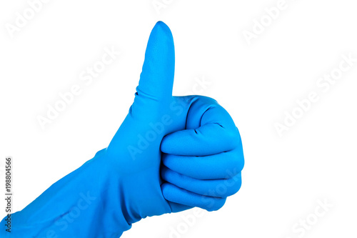 Hand gesture in a rubber sanitary glove of blue color, cleaning is fun