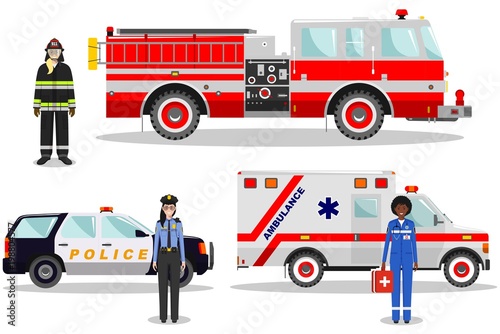Emergency concept. Detailed illustration of female firefighter, doctor, policeman with fire truck, ambulance and police car in flat style on white background. Vector illustration.