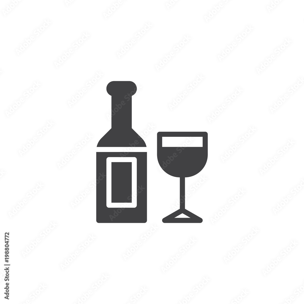 Wine bottle with wineglass vector icon. filled flat sign for mobile concept and web design. Alcohol drinks solid icon. Symbol, logo illustration. Pixel perfect vector graphics Wine bottle with wineglass vector icon. filled flat sign for mobile concept and web design. Alcohol drinks solid icon. Symbol, logo illustration. Pixel perfect vector graphics