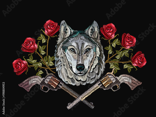 Embroidery wolf, crossed guns and roses. Fashion modern embroidery wolf head red roses and old guns, crime print for clothes, textiles, t-shirt design