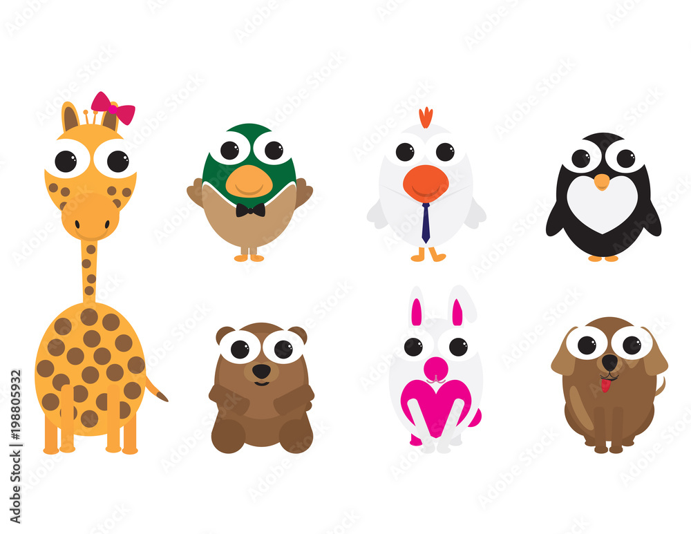 Fototapeta premium Set of cute vector cartoon animals with big eyes