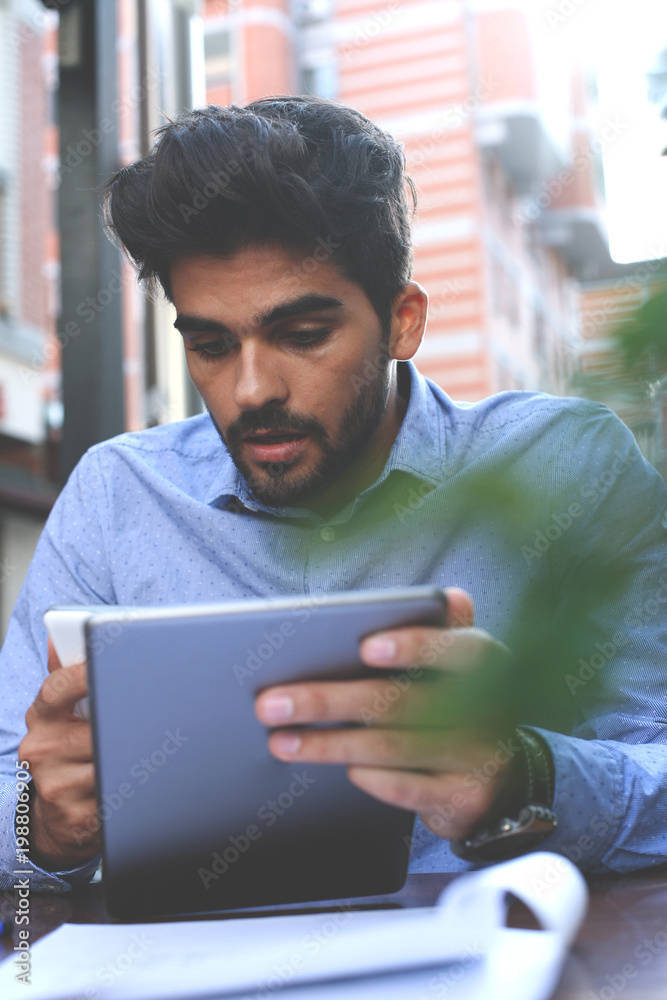 City life. Business man using technology outdoor. City life. Business man using technology outdoor.