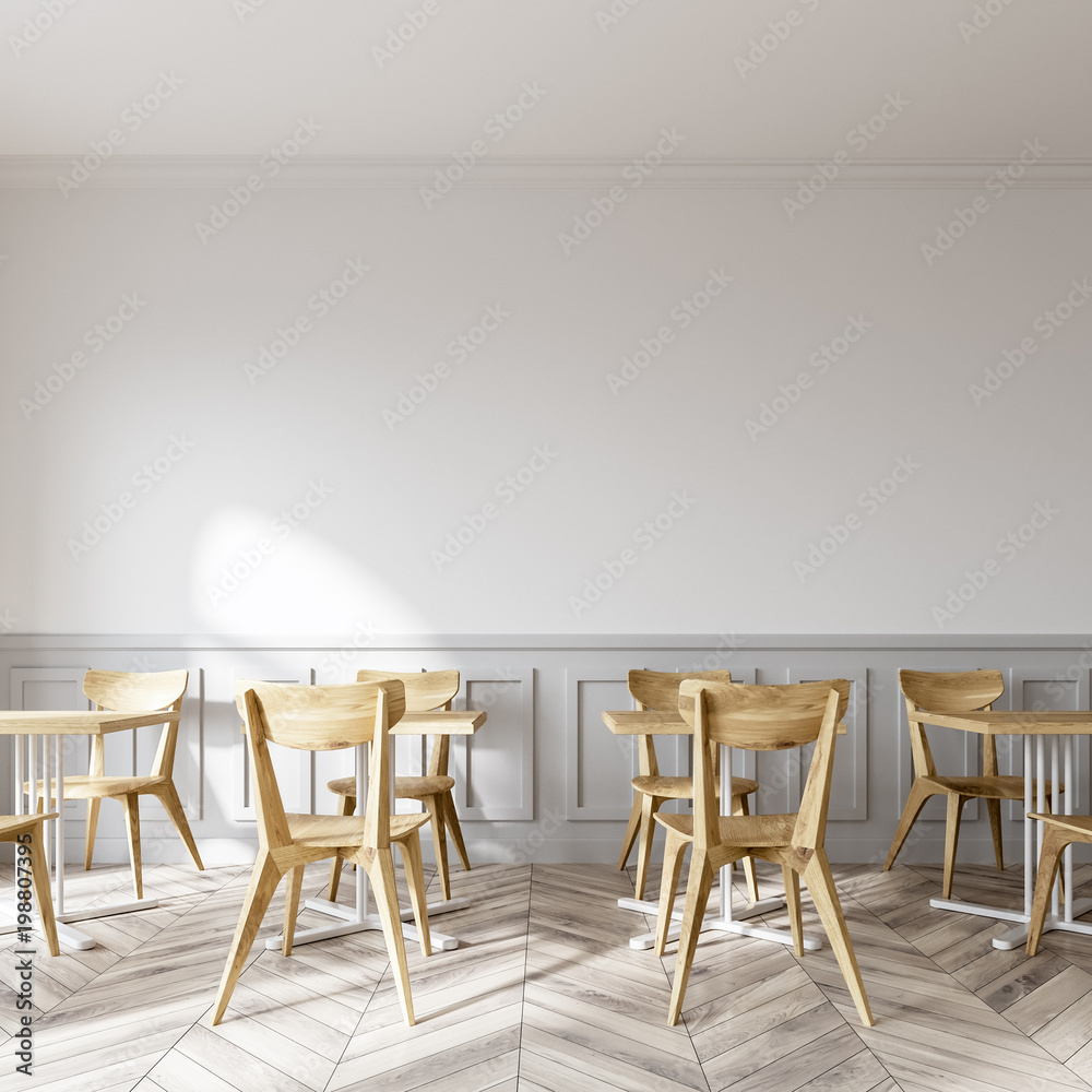 Fototapeta premium Modern white coffee shop, wooden chairs close up