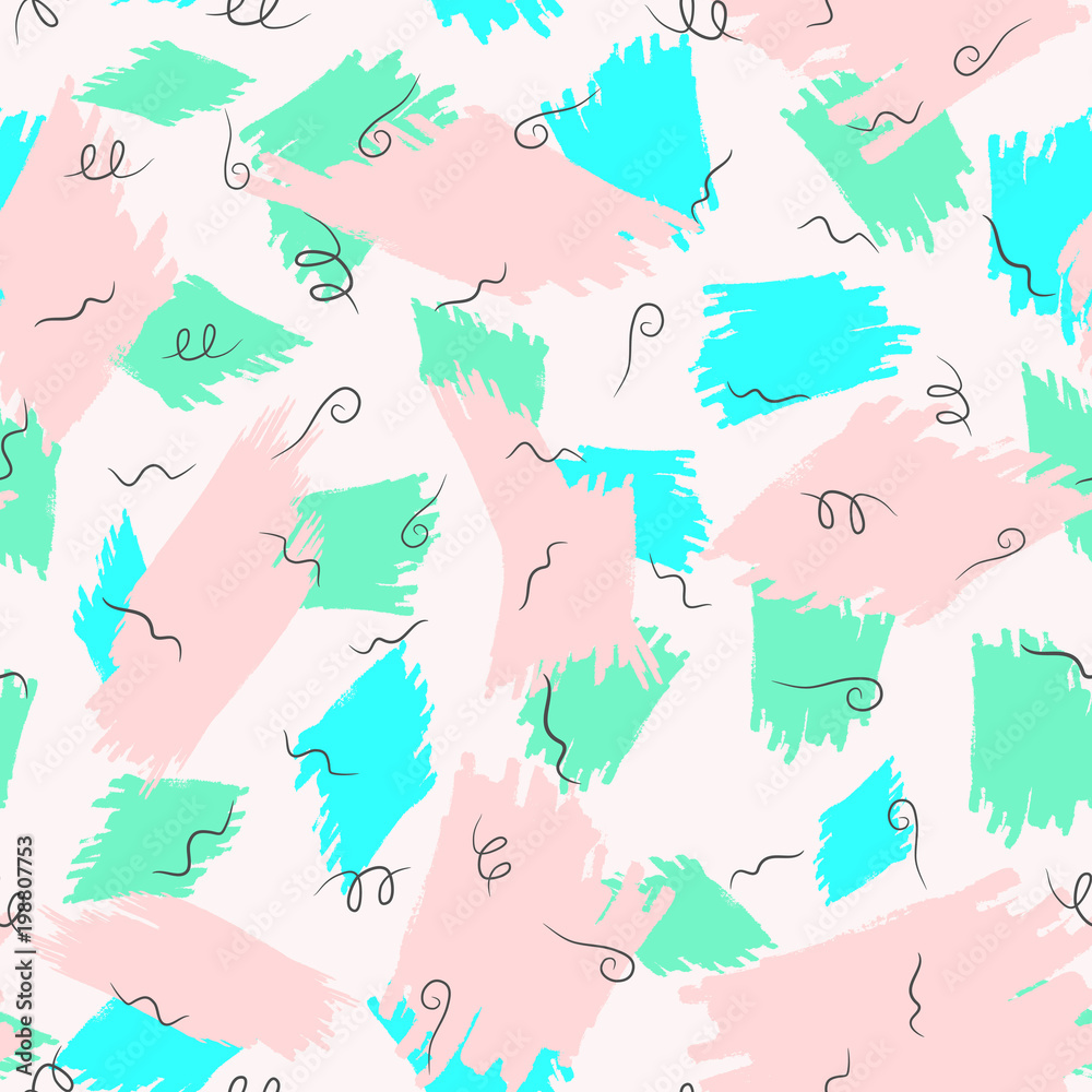 Repeated brush strokes and abstract scribbles. Trendy seamless pattern. Grunge, sketch, paint.